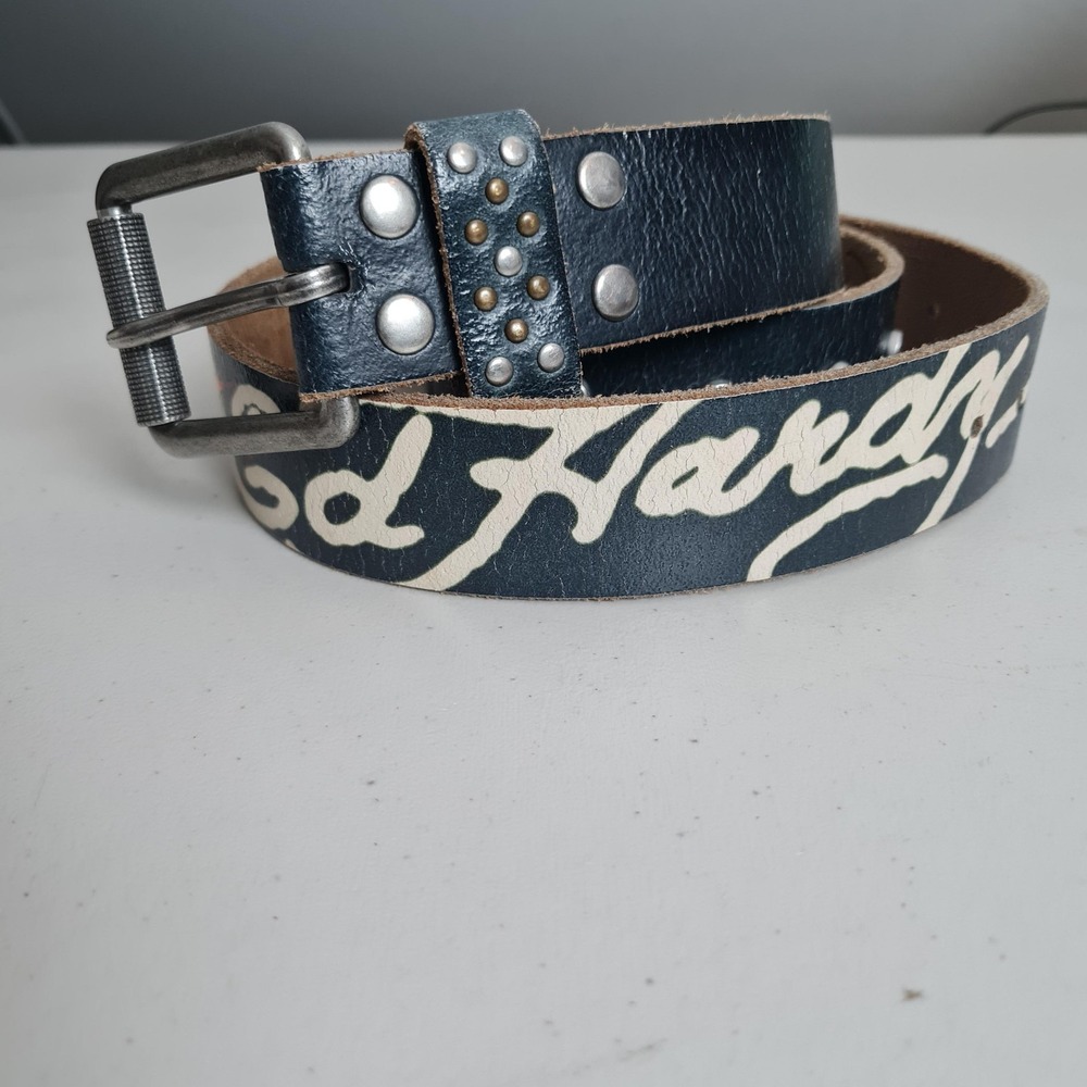 Ed Hardy Belt Mens Large Black Leather Dog Tattoo Studded Graphic Y2K